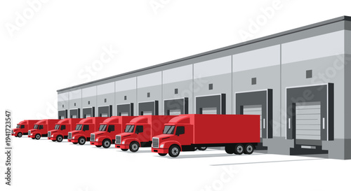 A line of six red semi-trailer trucks is backed up to the loading docks of a vast, modern warehouse building.