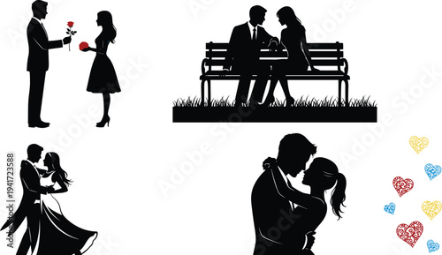 Romantic Couple Silhouettes in Various Poses with Hearts and Rose love romance