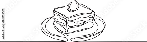 Continuous one line drawing of tiramisu italian dessert icon in silhouette on a white background. one line art icon drawing vector