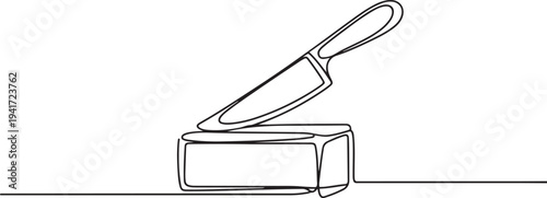 Continuous one line drawing of knife over a briquette piece of a butter composition in silhouette on a white background. one line art icon drawing vector