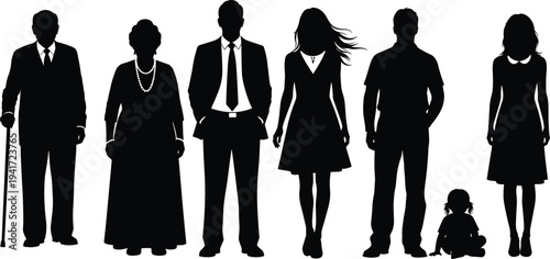 Human life stages silhouettes showing family generations from elderly couple to adults and children isolated black vector illustration set concept