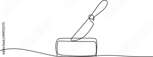 Continuous one line drawing of knife over a briquette piece of a butter composition in silhouette on a white background. one line art icon drawing vector