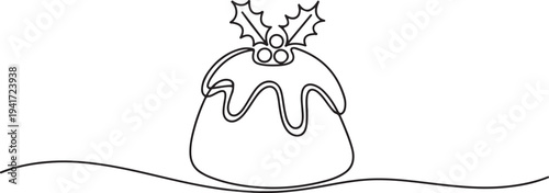 Continuous one line of christmas fruit cake pudding in silhouette. one line art icon drawing vector