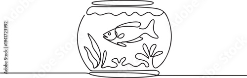 Vector continuous one single line drawing icon of fish in aquarium in silhouette on a white background. one line art icon drawing vector