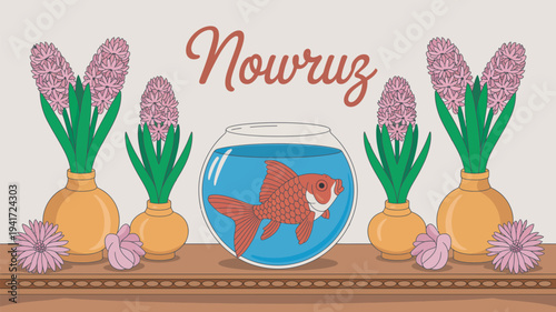 A colorful illustration of a goldfish in a bowl surrounded by flowers and vases for Nowruz celebration