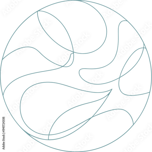 Abstract blue line art illustration of a circular composition with flowing shapes and curves