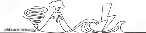 Natural disasters concept. Single line draw design vector graphic illustration. one line art icon drawing vector