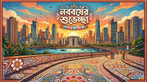 City Skyline Celebration with Traditional Bengali Alpana Folk Art and Shuvo Noboborsho Greeting