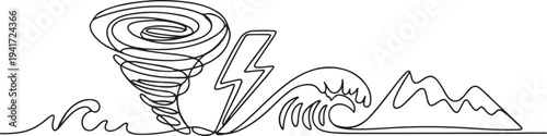 Natural disasters concept. Single line draw design vector graphic illustration. one line art icon drawing vector