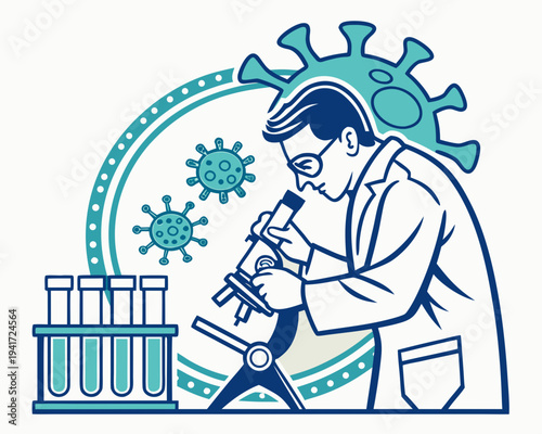 Scientist examining virus samples under microscope in lab