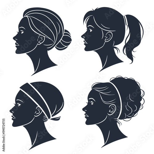 Elegant woman profiles collection with various hairstyles