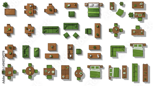 Modern architecture floor plan illustration featuring furniture layout design for organized interior space planning, creative residential room arrangement blueprint.