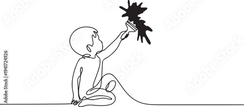 Kid painting on wall. Art Concept. one line art icon drawing vector