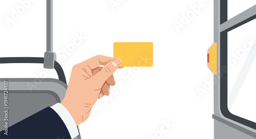 A right hand in a dark blue suit sleeve holds a yellow card, positioned to tap an orange card reader inside a grey vehicle.