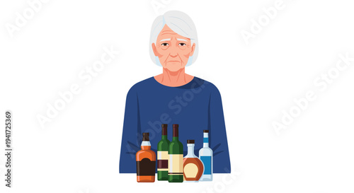 An elderly woman with grey hair and a sad expression wears a dark blue shirt, standing behind five distinct alcohol bottles.
