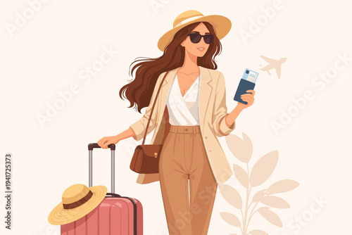 Fashionable Woman Traveler with Pink Suitcase, Passport and Plane Ticket; Stylish Young Lady in Summer Outfit, Straw Hat and Sunglasses Ready for Vacation Trip; Flat Vector Illustration.