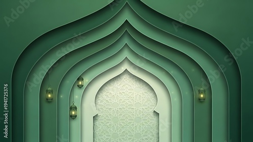 Abstract layered design with arched shapes and lanterns in green hues