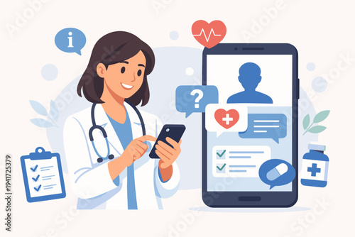 Female Doctor Consulting Patient via Smartphone App, Online Healthcare and Telemedicine Concept Vector Illustration with Medical Icons, Stethoscope, and Digital Health Service Interface Design.