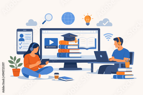 Online Education Concept with Man and Woman Studying Remotely Using Laptop and Tablet. Flat Vector Illustration of Digital Library, E-learning Platform, and Internet Study Resources for Students.