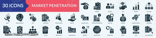 Market Penetration icon set vector illustration. Containing icon of evaluation, trends analysis, results and more. Glyph solid icon symbol collection