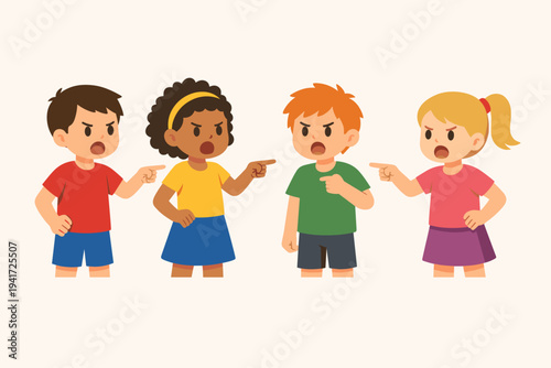 Diverse Group of Angry Children Arguing and Pointing Fingers at Each Other in Conflict, Flat Vector Illustration of Kids Blaming One Another for a Mistake or Misbehavior on a Plain Background.