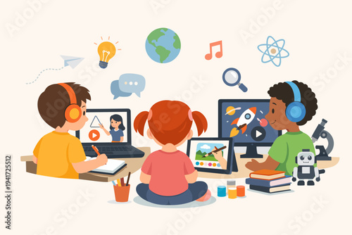 Children learning online with laptops and tablets. Kids watching educational tutorials, drawing, and studying science. E-learning, remote education, and STEM concepts flat vector illustration.