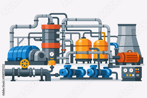 Flat Vector Illustration of Industrial Power Plant Equipment with Complex Piping Systems, Storage Tanks, Pumps, Cooling Towers, and Control Panels for Energy Production and Manufacturing.
