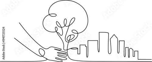 Planting tree in city concept. one line art icon drawing vector