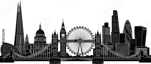 Black and white silhouette of the London skyline with iconic landmarks on a white background Keywords: London, skyline