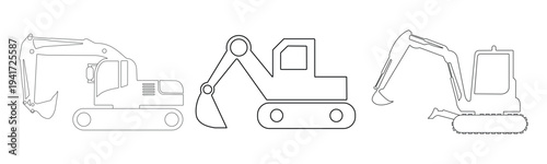 Excavator Icon Set – Construction Digger Machine, Heavy Equipment Vector Symbol