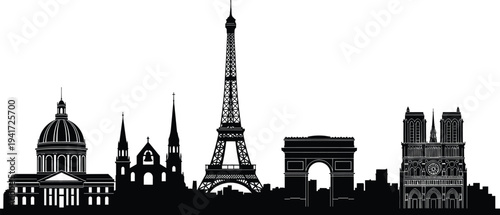 Black and white silhouette of the Paris skyline with famous landmarks on a white background Keywords: Paris, skyline, cityscape
