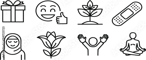 Collection of icons representing wellness gifts and positivity