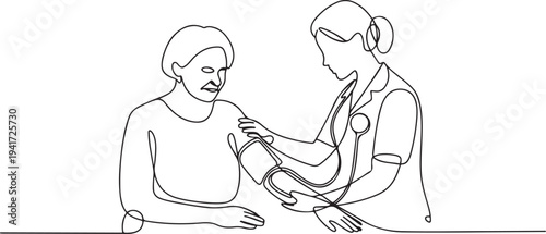 nurse measuring blood pressure and checking heartbeat on senior woman's wrist. Doctor and patient concept. one line art icon drawing vector