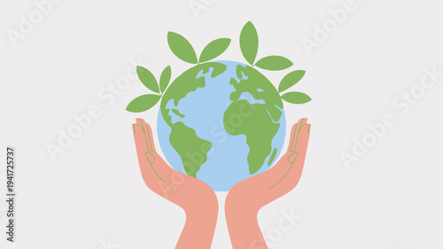 A pair of hands cradling the Earth with green leaves, symbolizing environmental care and protection.