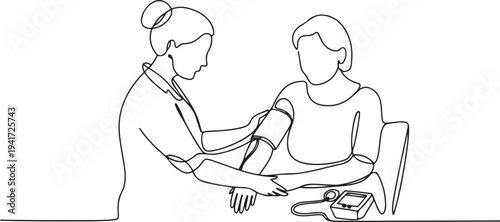 nurse measuring blood pressure and checking heartbeat on senior woman's wrist. Doctor and patient concept. one line art icon drawing vector