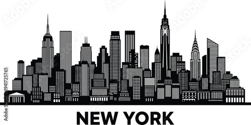 Black and white silhouette of the New York City skyline with prominent skyscrapers on a white background Keywords: New York, NY