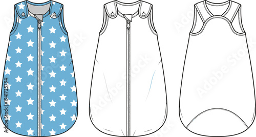 Baby Sleeping Bag Technical Sketch, Star Pattern Sleep Sack Flat Vector Illustration