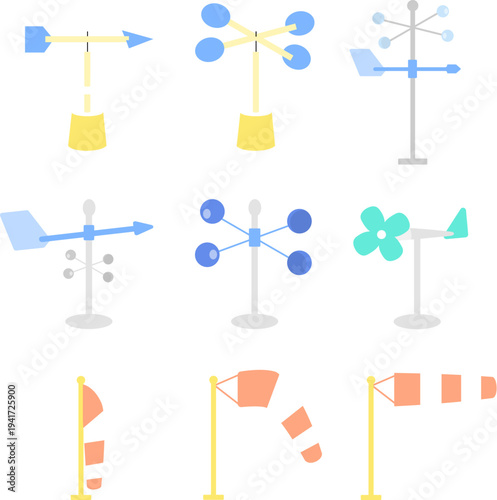 Wind Measurement Icons Set, Weather Wind Vane Anemometer and Windsock Vector Illustration