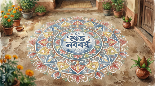Shuvo Noboborsho Bengali New Year Greeting Card with Intricate Mandala Art on Wooden Background