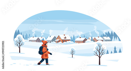 A person in an orange winter jacket walks through a snowy landscape towards a village with smoking chimneys.