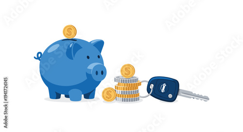 A blue piggy bank, neatly stacked coins, and a car key with its fob are isolated on a clean white background.