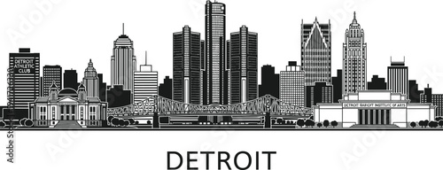 Detroit City Skyline Silhouette with Ambassador Bridge and Historic Buildings cityscape architecture