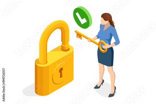 Isometric security concept with businesswoman holding golden key near large open padlock. Illustration shows granted access, password solution, account unlock and data protection. Visual metaphor for