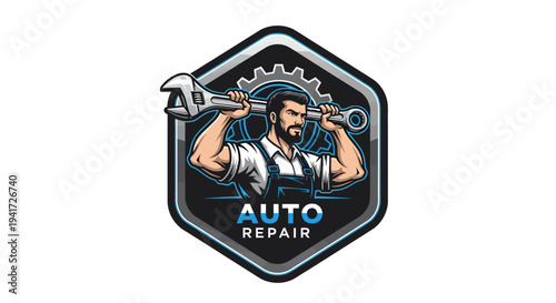 Auto Repair Mechanic Holding Wrench and Gear.