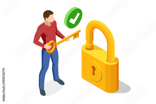 Isometric security concept with businessman holding golden key near large open padlock. Illustration shows granted access, password solution, account unlock and data protection. Visual metaphor for