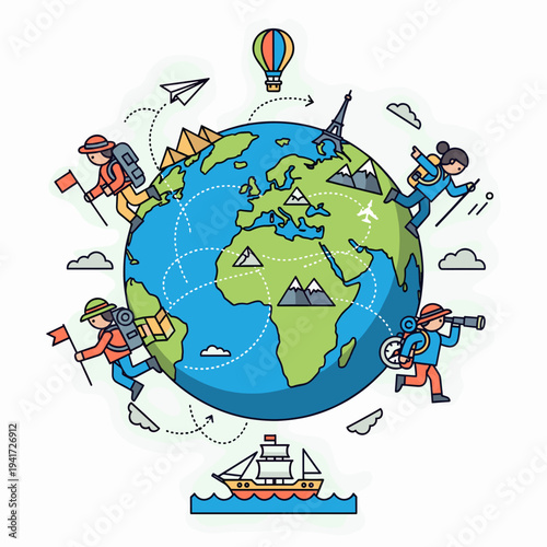A vibrant illustration of people traveling and exploring the world, showcasing various activities and global landmarks.