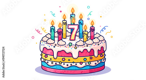 A colorful, multi-layered birthday cake adorned with seven lit candles and festive confetti, celebrating a seventh birthday.
