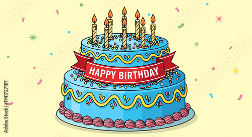 A festive two-tiered blue birthday cake adorned with lit candles and a red banner proclaiming "Happy Birthday", set against a cheerful yellow background with confetti.