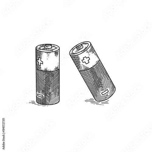 hand drawn set of alkaline batteries line art vector illustration