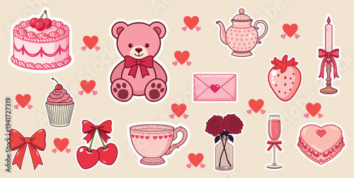 A charming collection of pink illustrated stickers featuring sweets hearts and cute decorative items